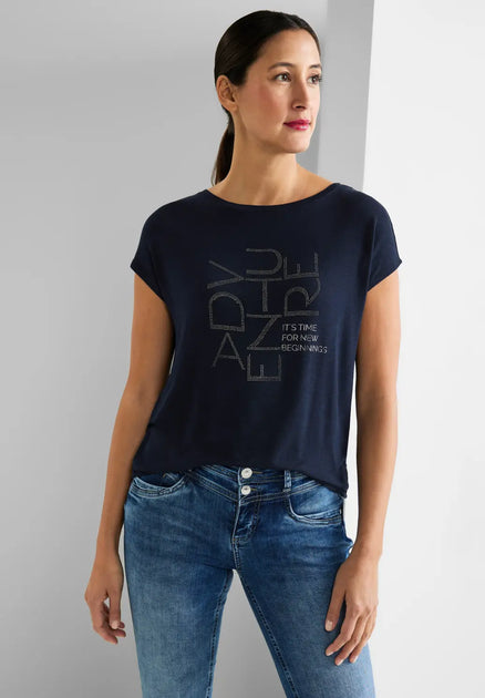 med deep – t-shirt Mörkblå ecovero - resårfåll One Street viskos blue