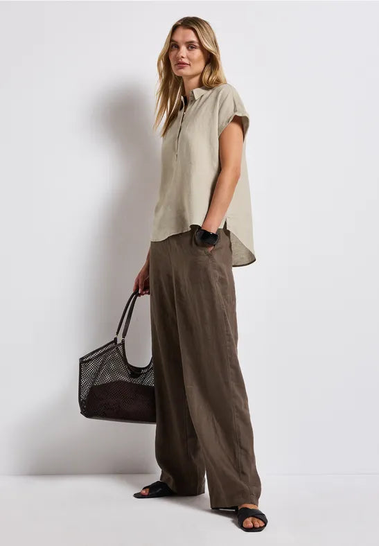 Street One - Beige kortärmad blus i linnemix