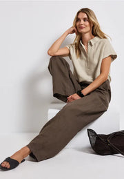 Street One - Beige kortärmad blus i linnemix