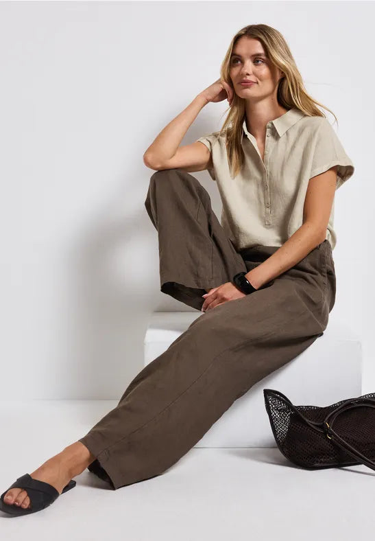 Street One - Beige kortärmad blus i linnemix