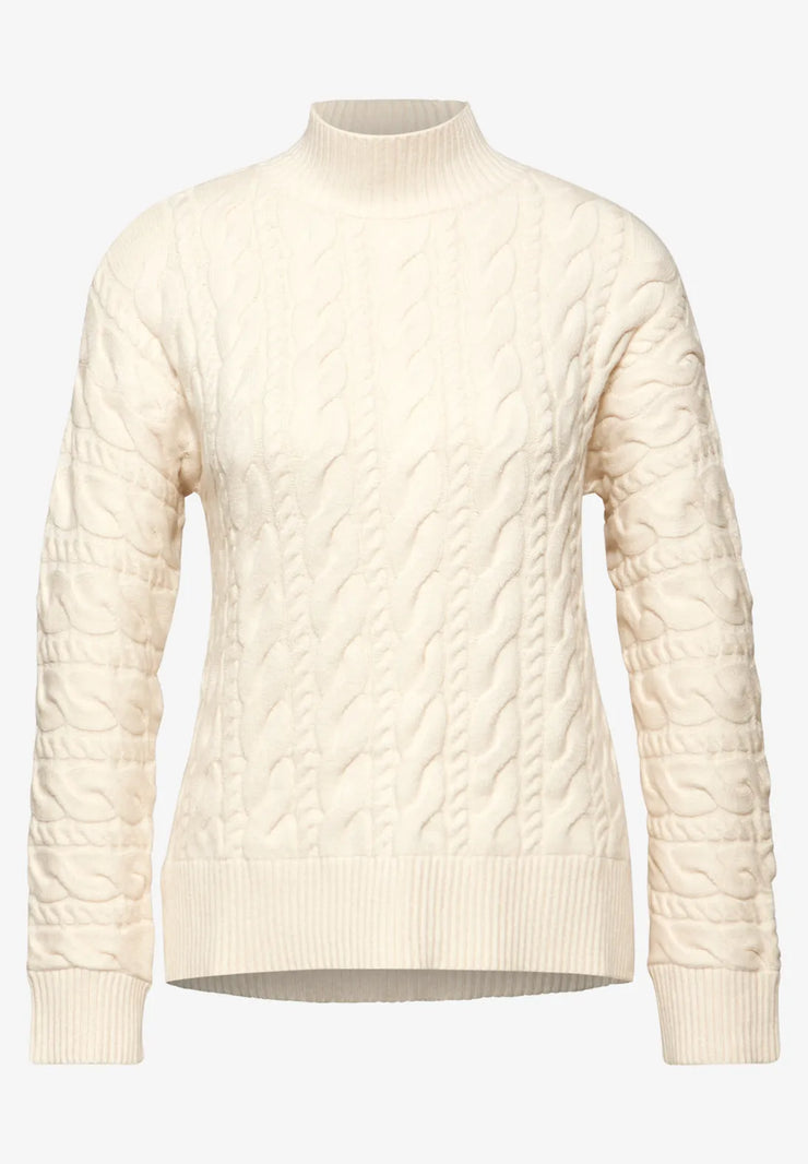 Street One - Cremevit kabelstickad polotröja
