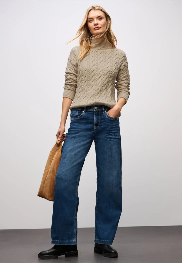 Street One - Beige kabelstickad polotröja