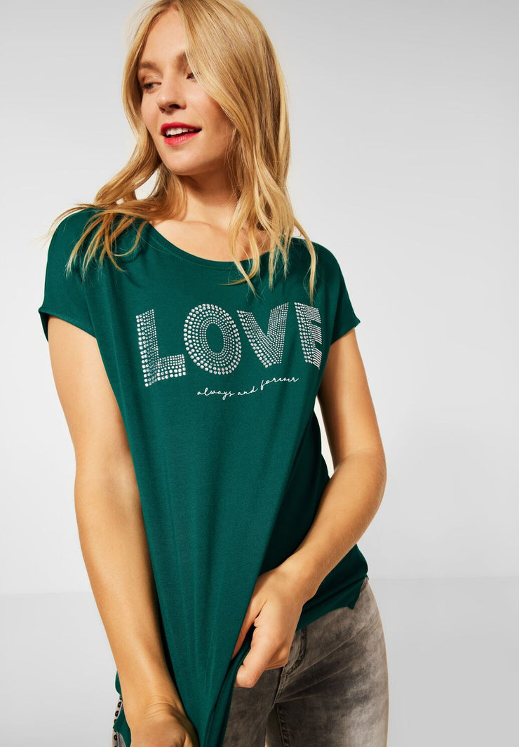 Street One ivy green - grön t-shirt med glittrig text LOVE –