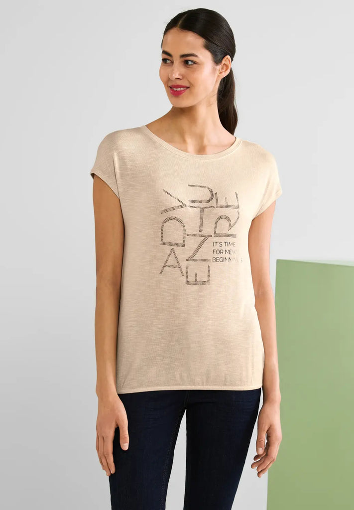 Street One light smooth sand melange - Beige t-shirt med resårfåll –